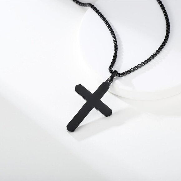 Men's 24" Black Christian Wooden Cross Stainless Steel Box Chain Pendant - Picture 8 of 8